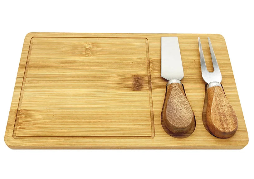 Servierbrett mit Käsebesteck aus Naturbambus | Personalisiert