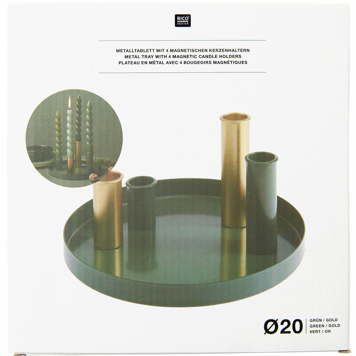 Metalltablett inkl. 4 magnetischen Kerzenhalter Ø20cm | Rico Design | grün