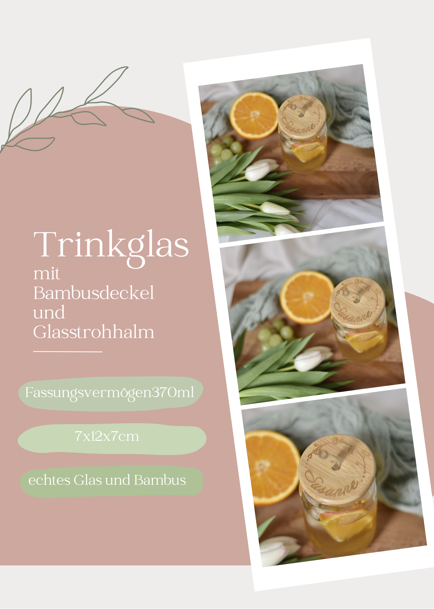 "Sommer" Trinkglas mit graviertem Bambusdeckel | inkl. Glas-Strohhalm | Echtglas | personalisiert