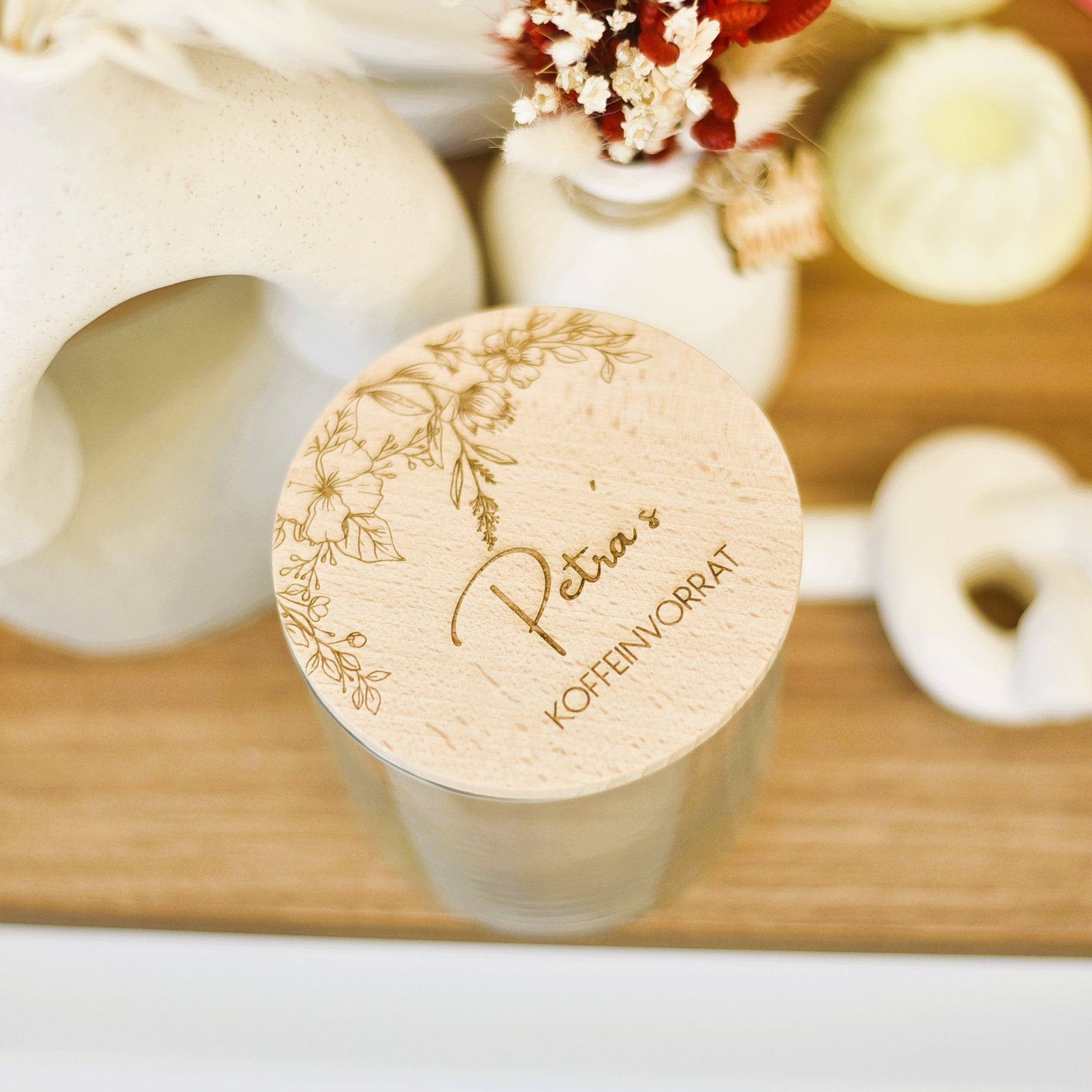 Koffeinvorrat | personalisiertes Aufbewahrungsglas | Geschenk zum Abschied Kindergarten, Kita | Glas mit graviertem Holzdeckel