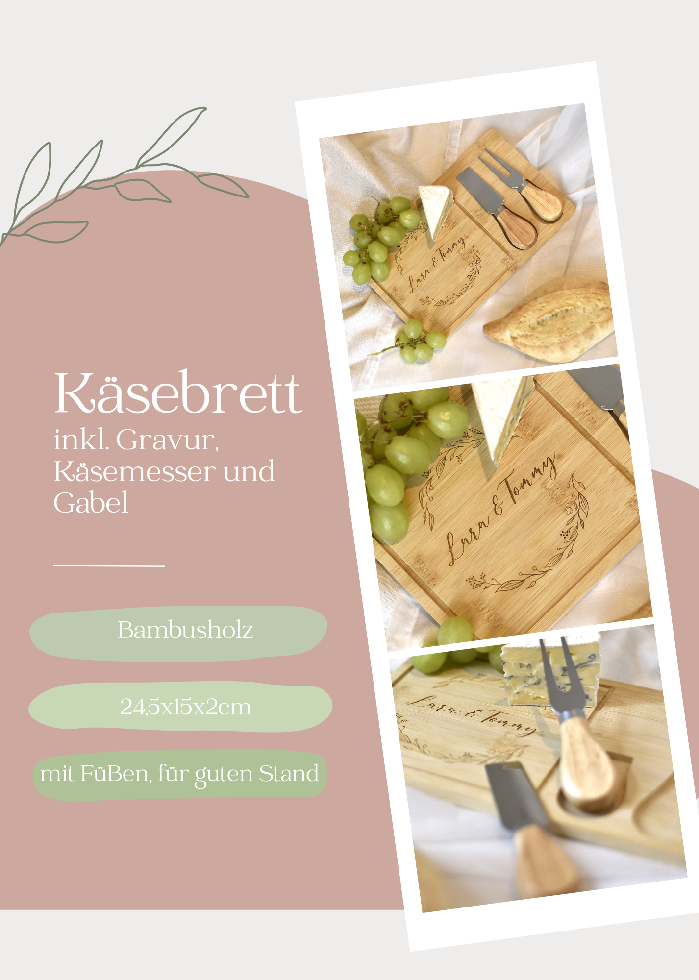 Servierbrett mit Käsebesteck aus Naturbambus | Personalisiert