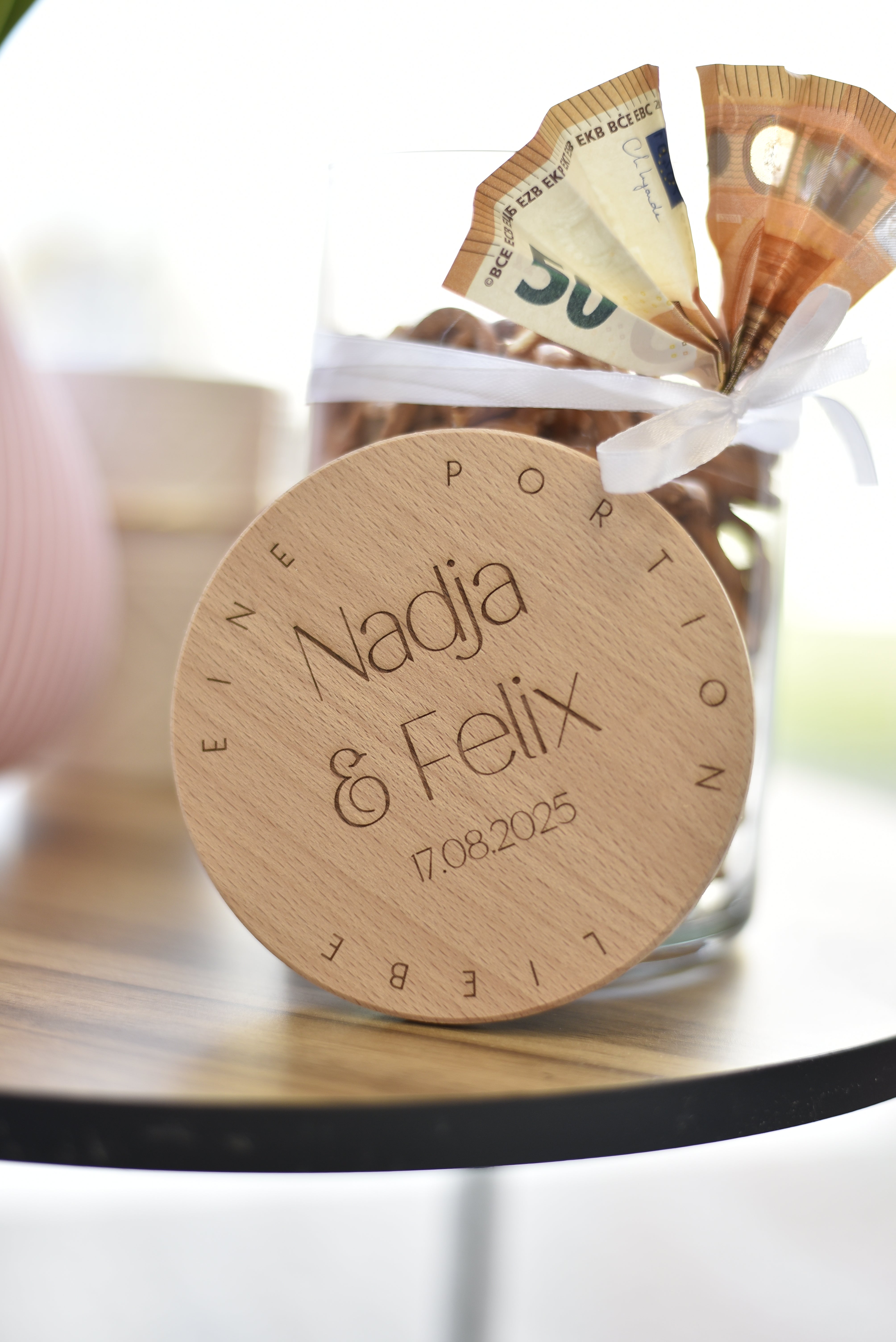 Vorratsglas | eine Portion Liebe | Glas mit graviertem Holzdeckel | zur Hochzeit