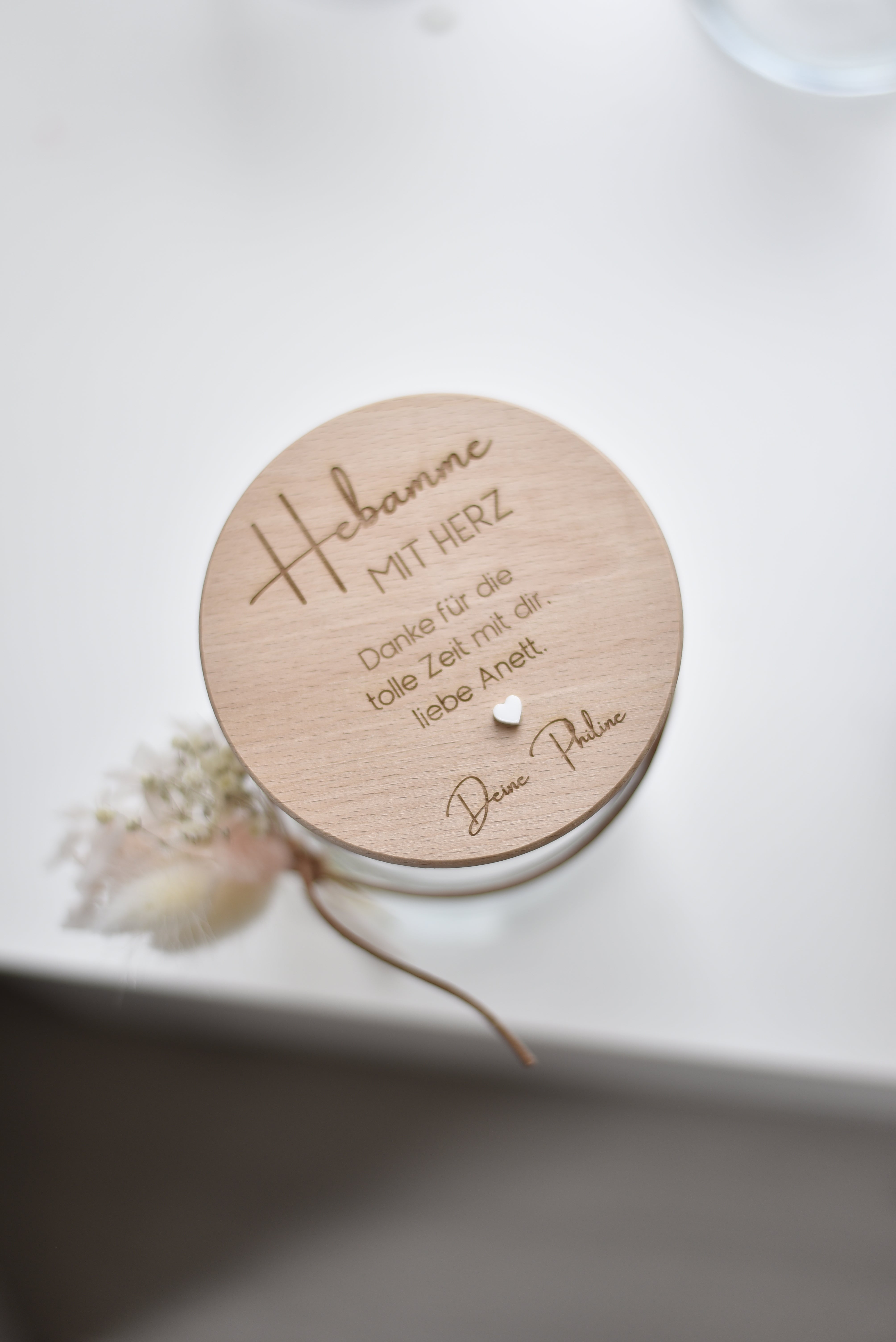 Vorratsglas | Hebamme | Danke | Personalisiert | Glas mit graviertem Holzdeckel