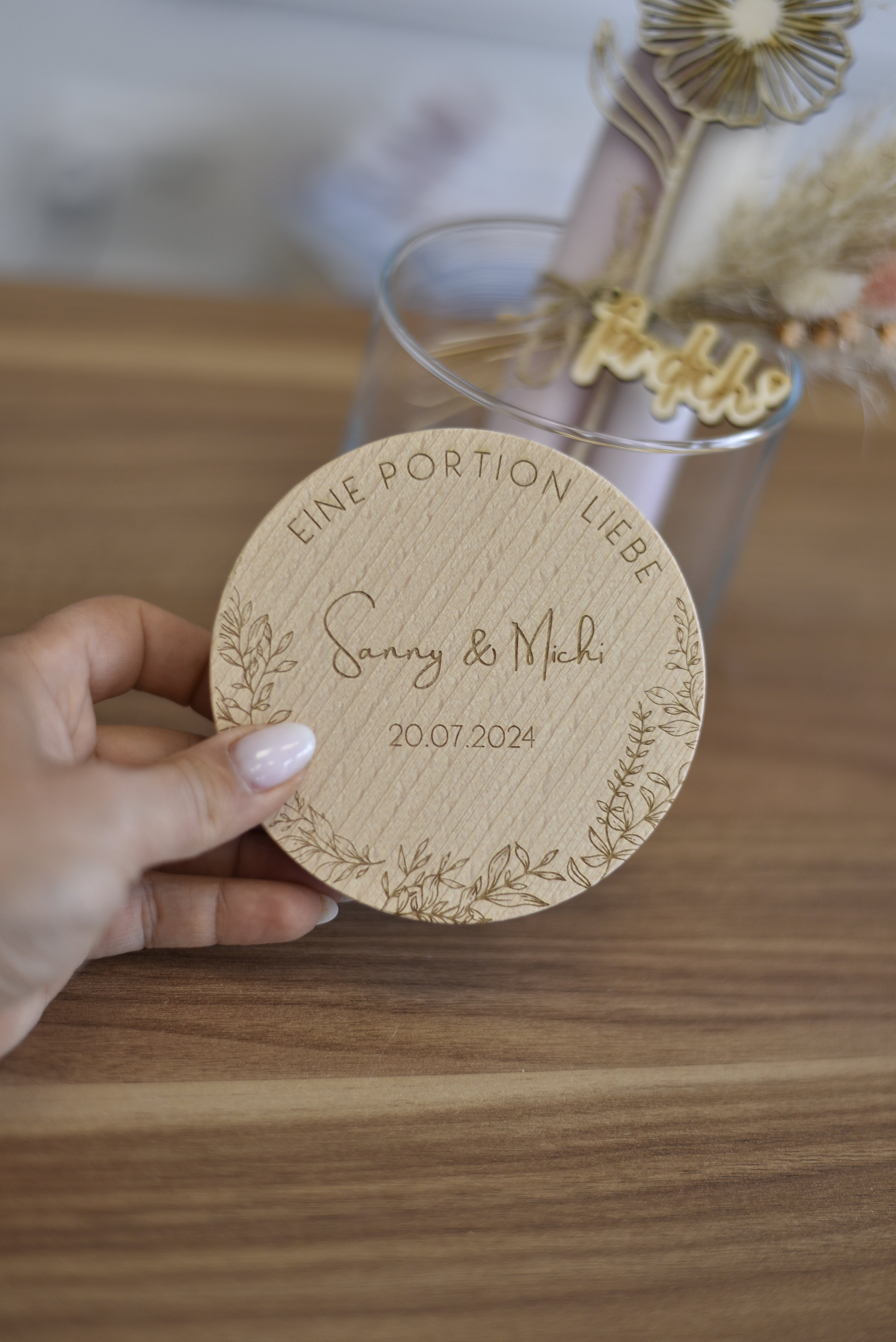 Vorratsglas | zur Hochzeit | Geldgeschenk| Personalisiert | Glas mit graviertem Holzdeckel