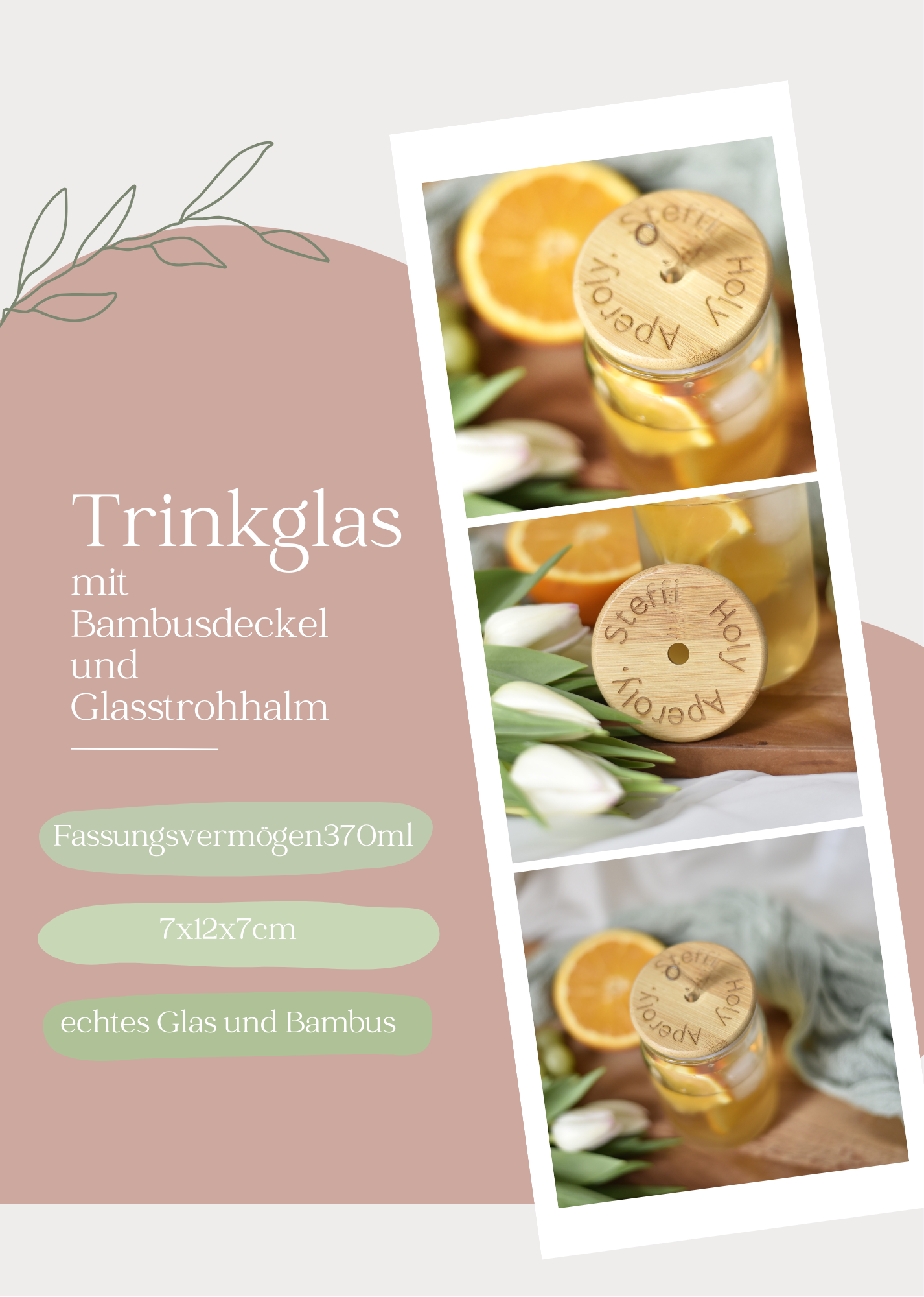 "Holy Aperoly" Trinkglas mit graviertem Bambusdeckel | inkl. Glas-Strohhalm | Echtglas | personalisiert