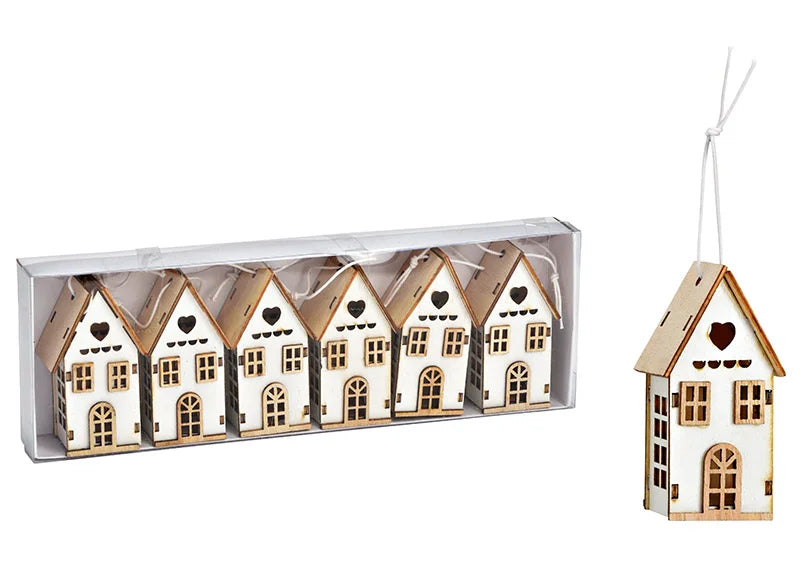 Weihnachtshänger Set Haus 6-er Set, aus Holz weiß (B/H/T) 4x7x3cm