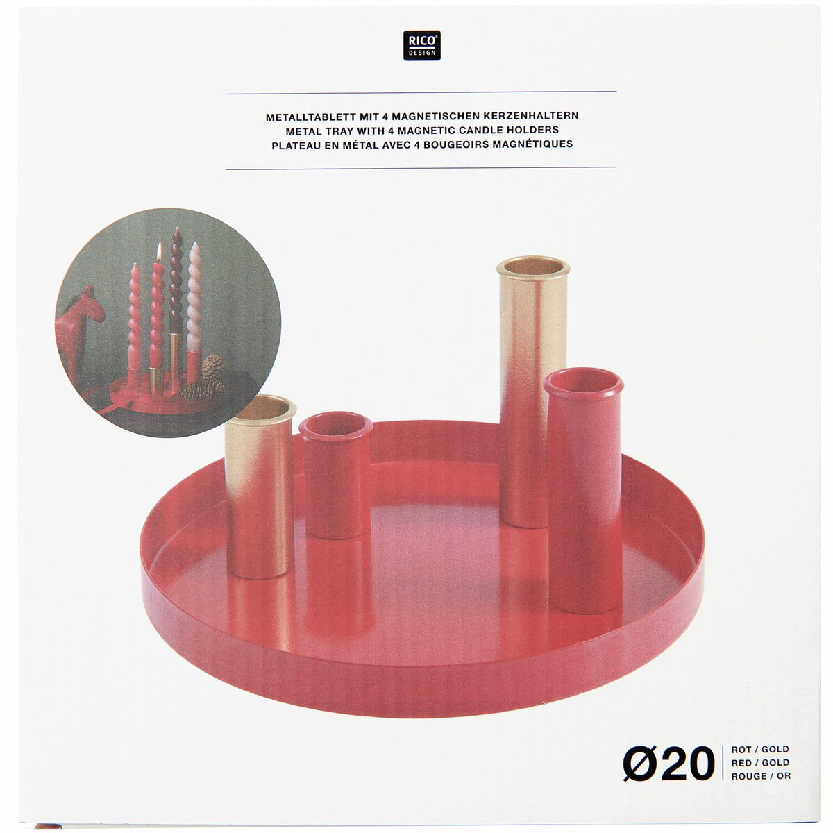 Metalltablett inkl. 4 magnetischen Kerzenhalter Ø20cm | Rico Design | rot