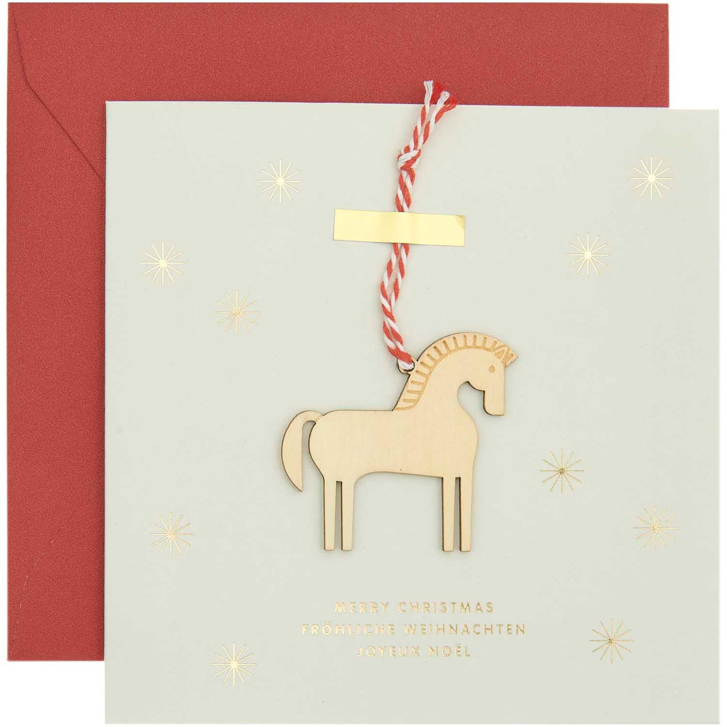 Pferd | Postkarte zu Weihnachten mit Holzpferd in quadratischem Format