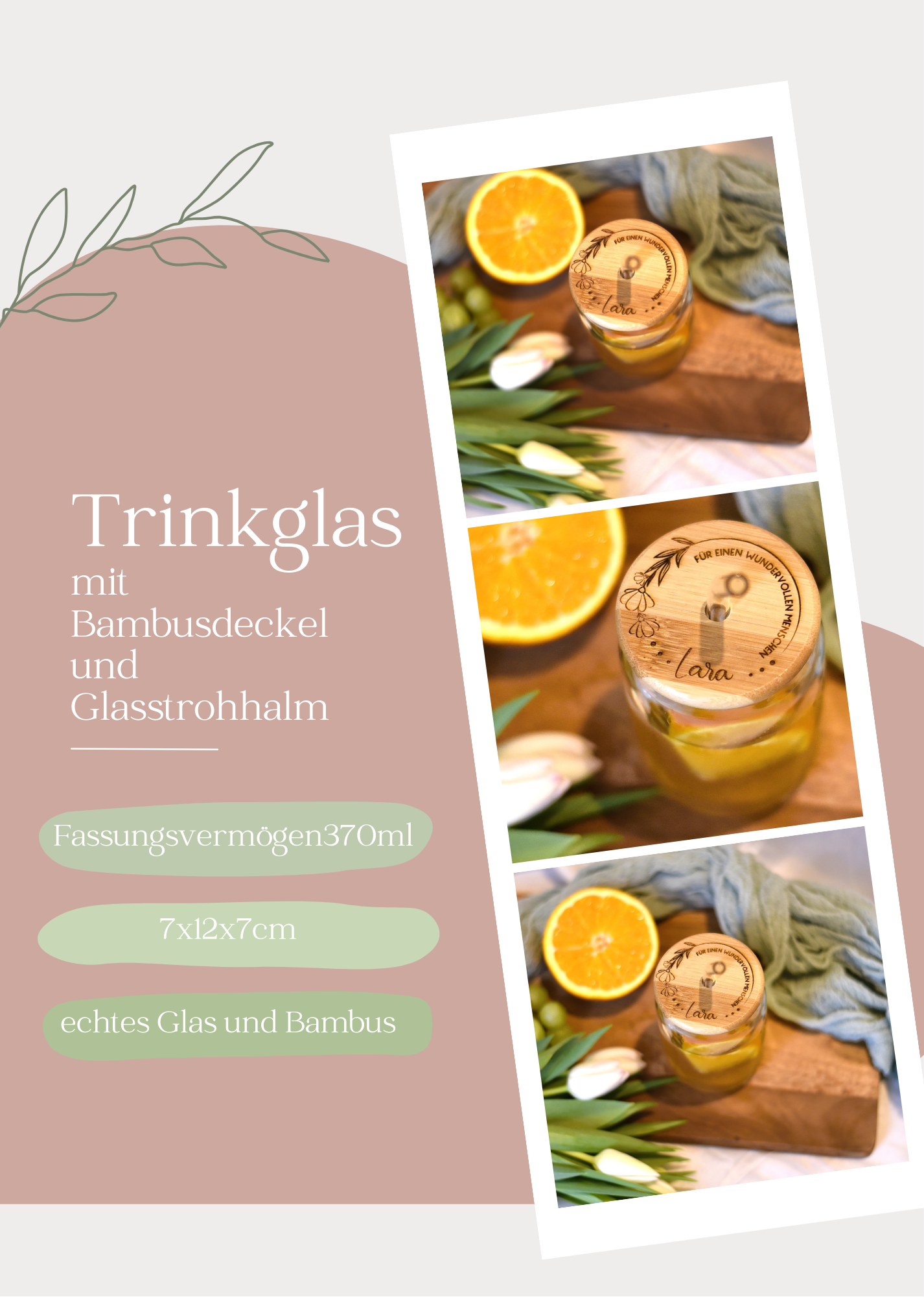 "wundervoll" Trinkglas mit graviertem Bambusdeckel | inkl. Glas-Strohhalm | Echtglas | personalisiert