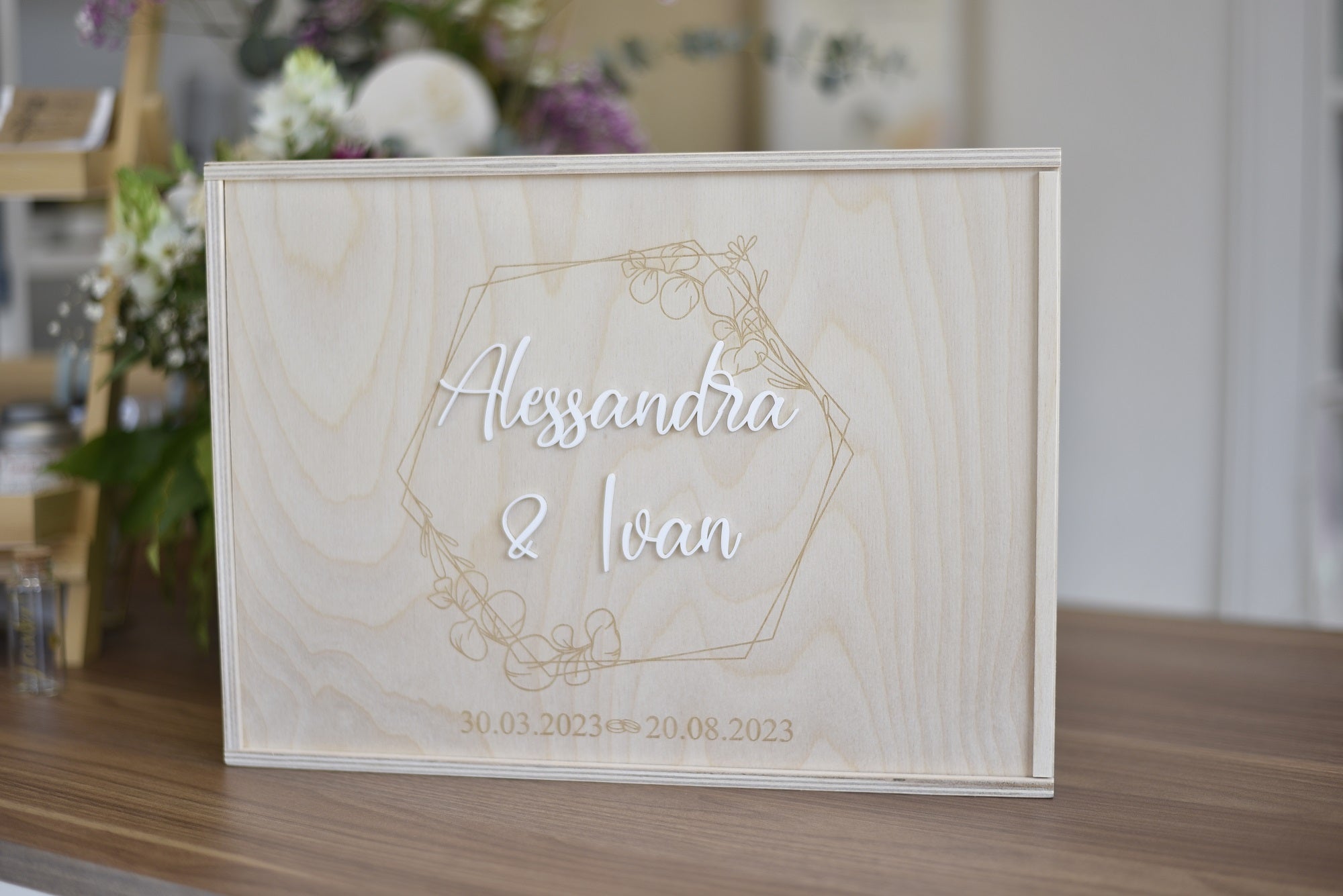 Erinnerungskiste zur Hochzeit | Eukalyptusranken modern | 3D-Optik