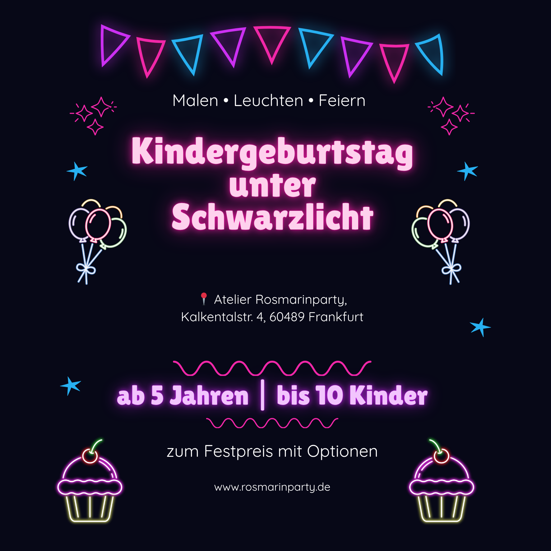 Kindergeburtstag unter Schwarzlicht – Kreativ-Feier im Atelier Rosmarinparty